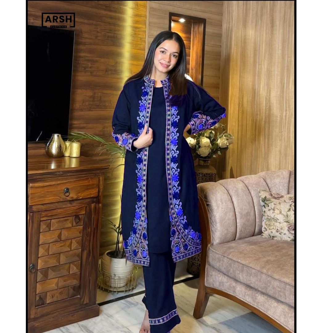 3 Piece Front Full Heavy Embroidered Gown With Sleeveless Inner And Trouser