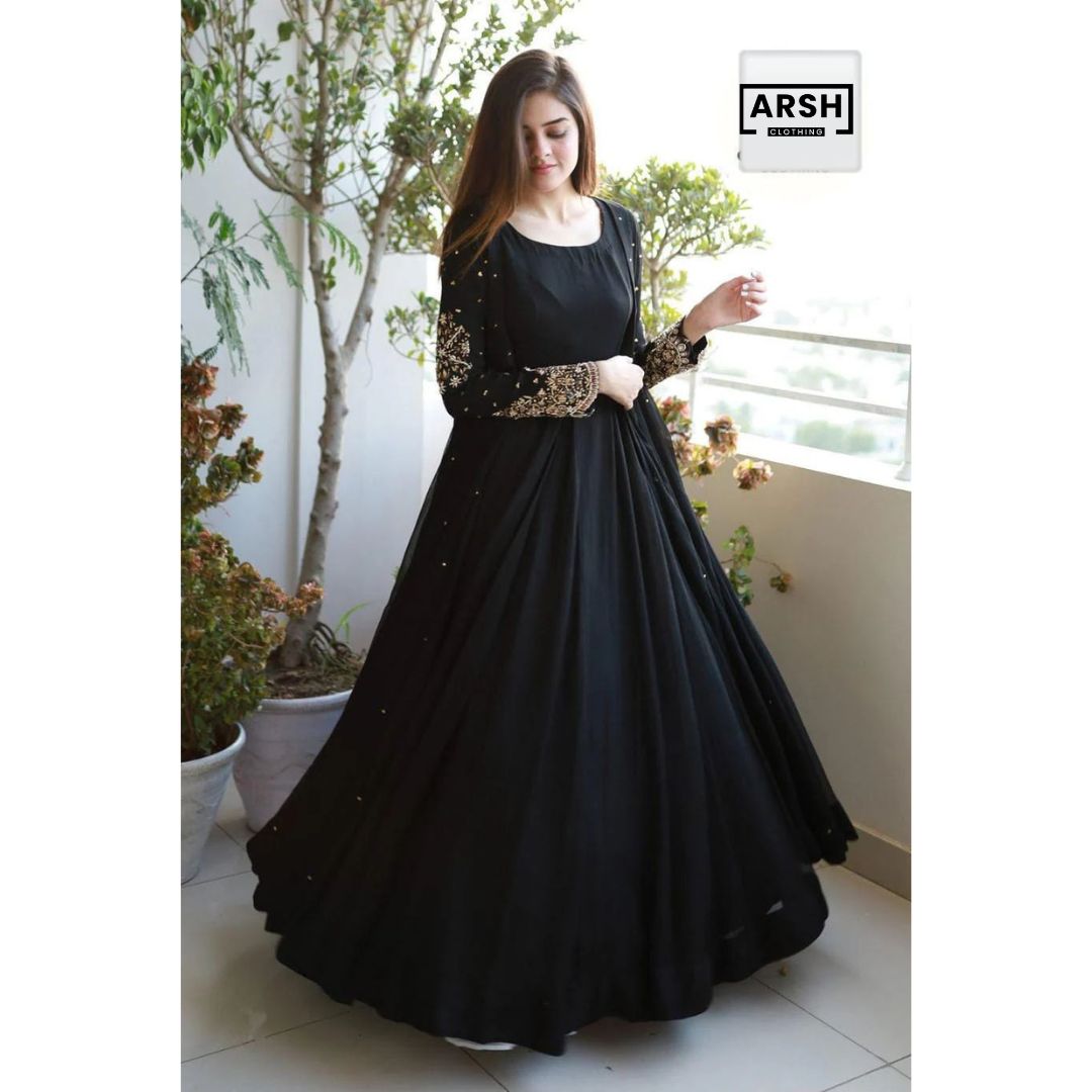 Embroidered With Pearls Attached Gown With Long Maxi Trouser 3 Piece