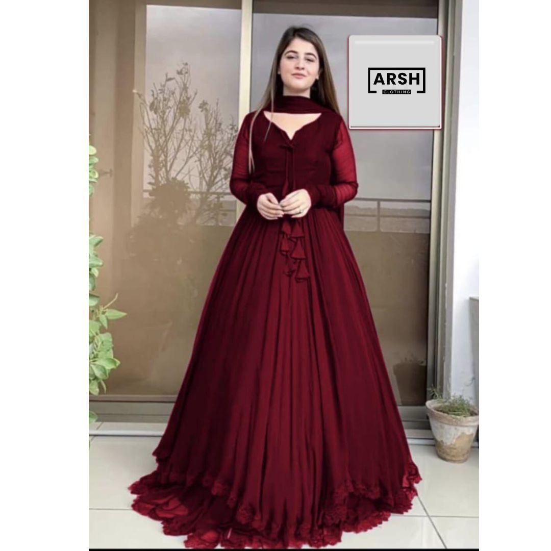 Two Layer Border Front &amp; Back Lace work Long Flare Maxi With Plain Duptta 3Piece