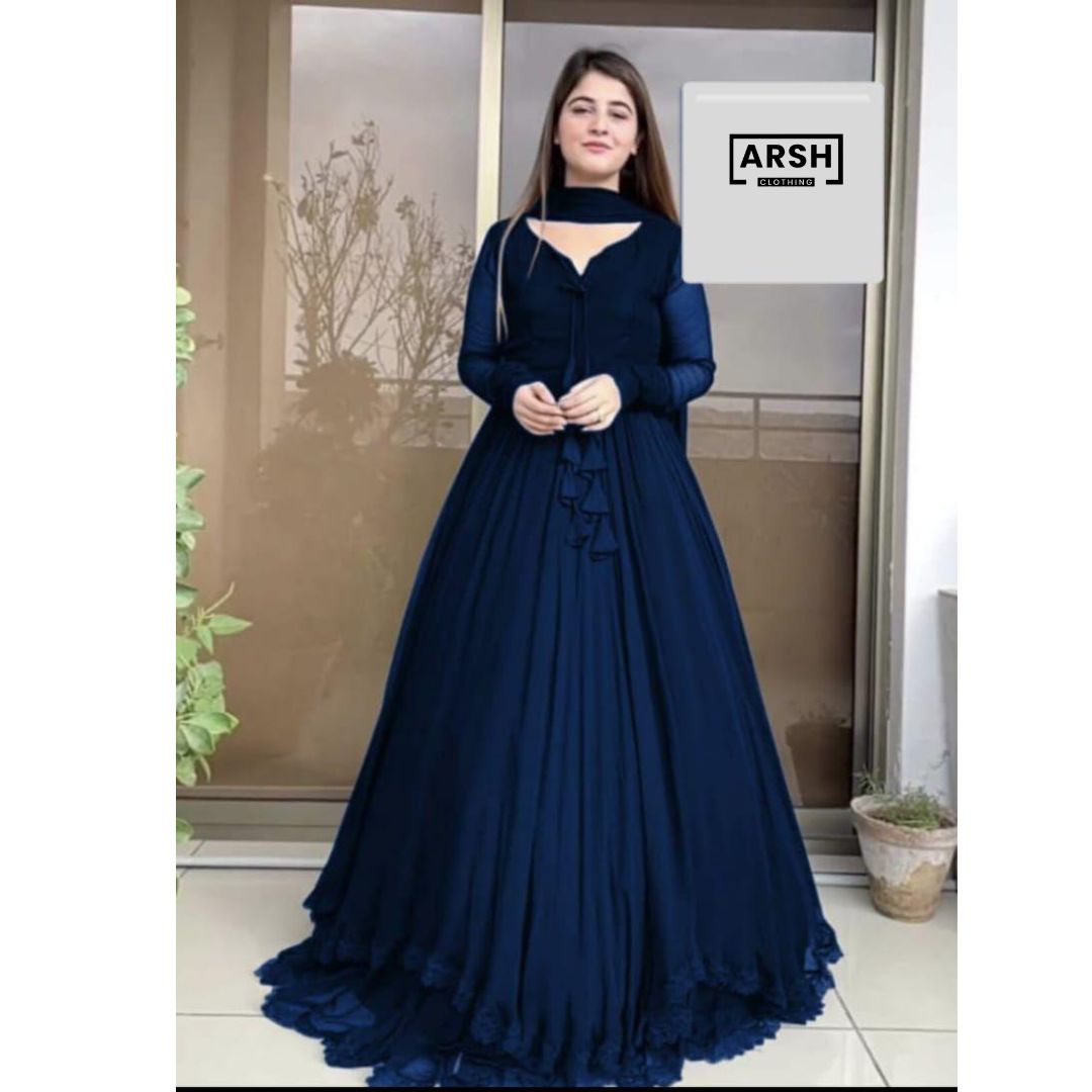 Two Layer Border Front &amp; Back Lace work Long Flare Maxi With Plain Duptta 3Piece