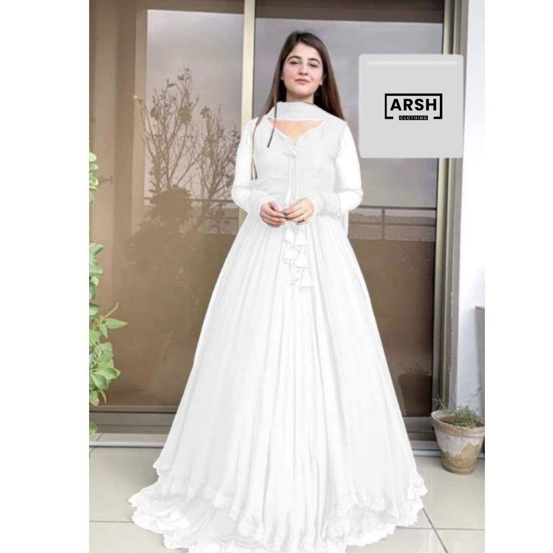 Two Layer Border Front &amp; Back Lace work Long Flare Maxi With Plain Duptta 3Piece