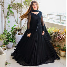 Two Layer Border Front & Back Lace work Long Flare Maxi With Plain Duptta 3Piece