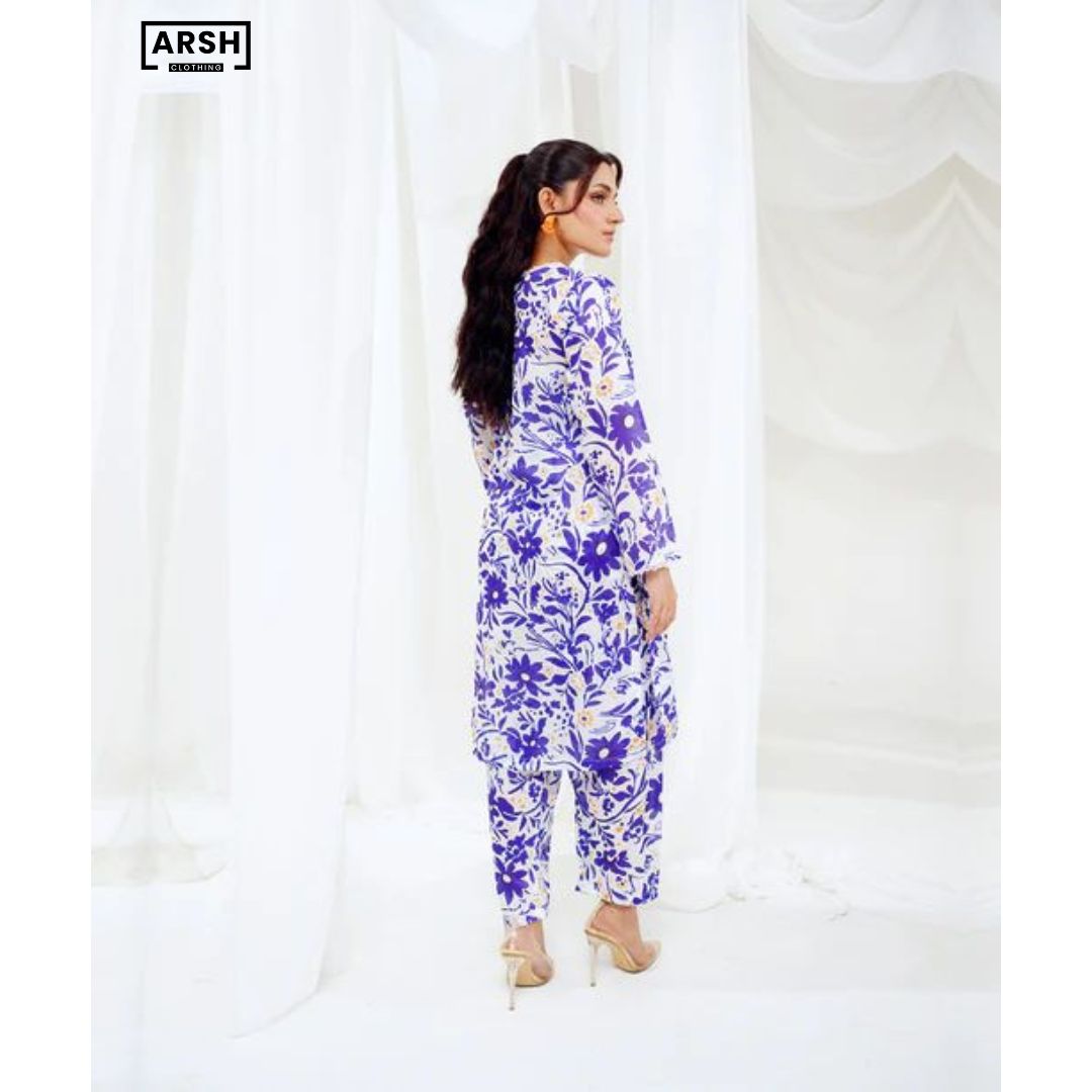 BLUE LAVENDER DREAM - PRINTED LAWN (PRET) - STITCHED 2 PIECE