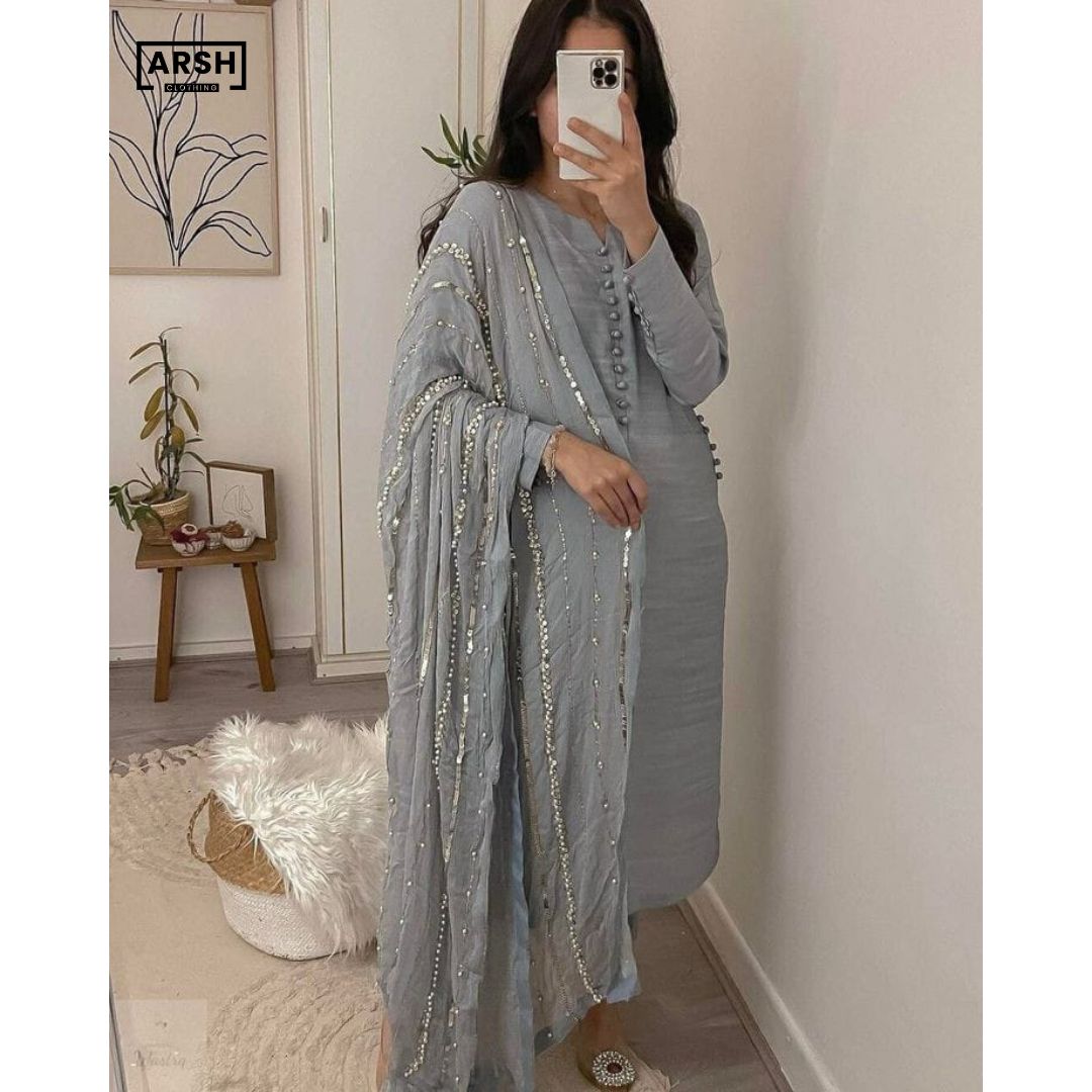 NEW SECKVENCE DUPATTA AND SHAMOSE SILK SIMPLE KAMEEZ