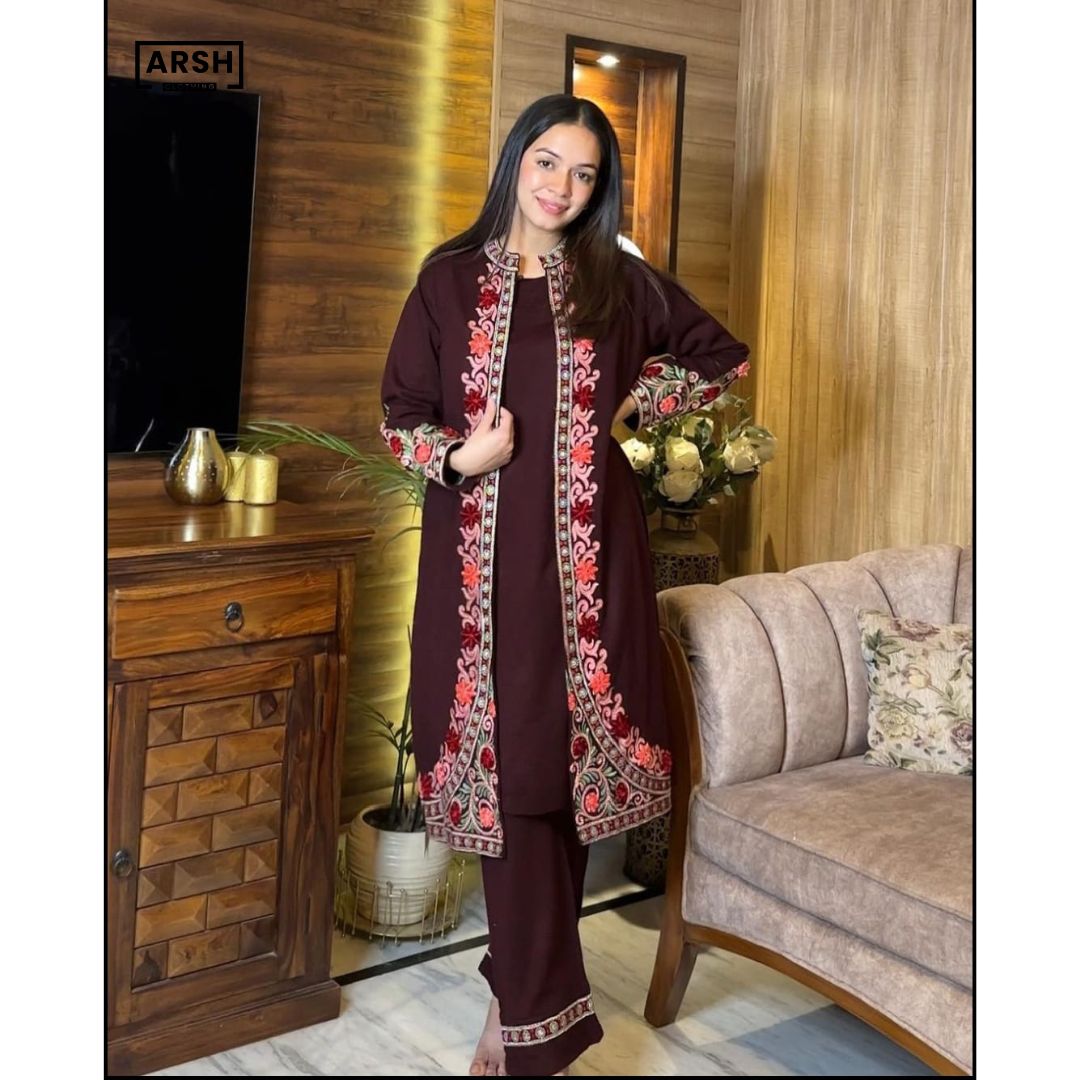 3 Piece Front Full Heavy Embroidered Gown With Sleeveless Inner And Trouser