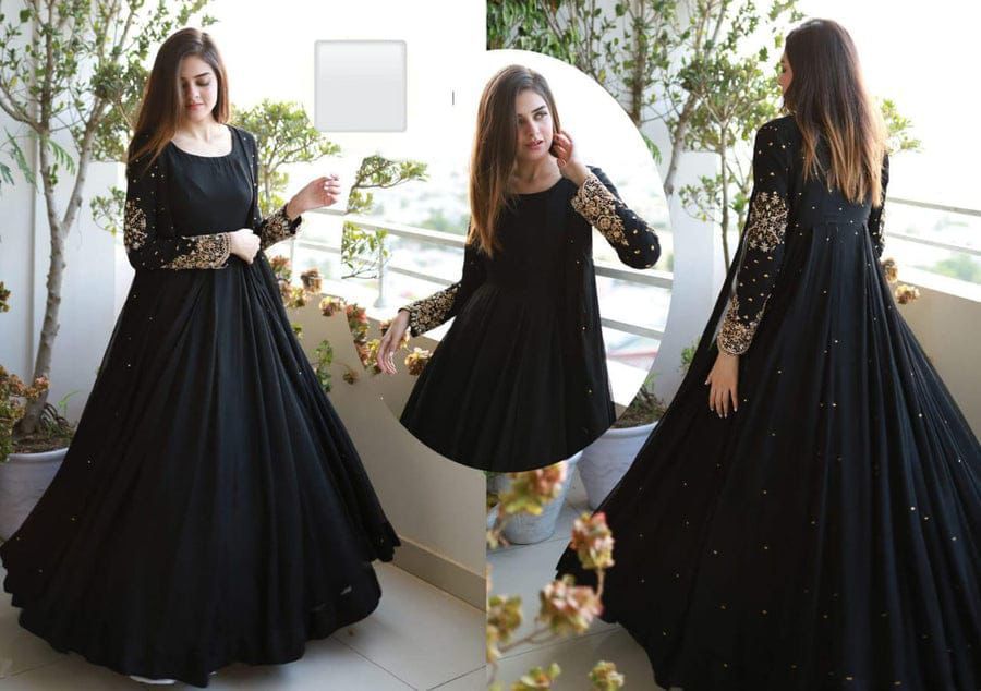 Embroidered With Pearls Attached Gown With Long Maxi Trouser 3 Piece